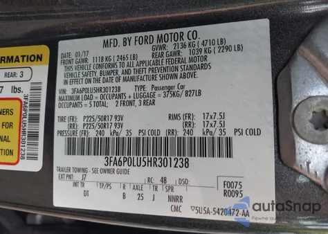 2017 Ford Fusion Hybrid Se z USA, uszkodzony, nr VIN 3FA6P0LU5HR301238